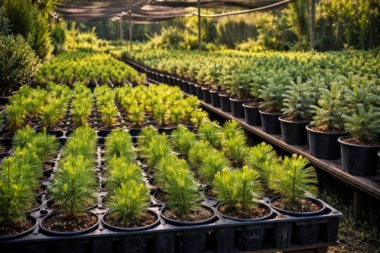 Ornamental nursery displaying thriving pine and fir seedlings in varied pots