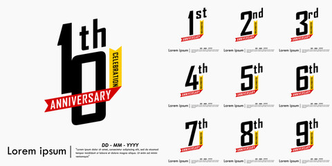 Set of 1-10th years anniversary celebration emblem. black anniversary logo with red-yellow ribbon on white background. vector illustration template design for web, flyers, poster, greeting card © thitiwat