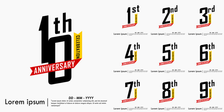 Set of 1-10th years anniversary celebration emblem. black anniversary logo with red-yellow ribbon on white background. vector illustration template design for web, flyers, poster, greeting card