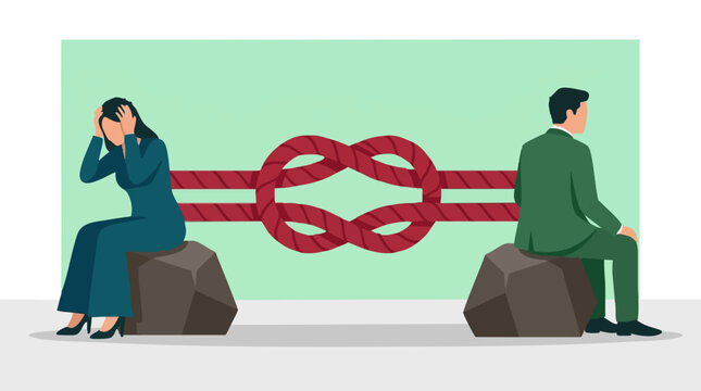 Relationship problems and conflict with couple and knotted rope