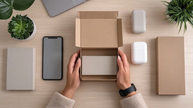 A pair of hands open a delivery box, revealing other objects on a wooden table 