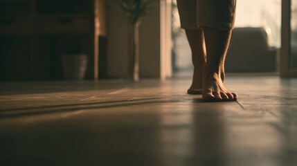 Fototapeta premium Barefoot person walking towards light, focus on feet and indoor background. Capturing the simplicity of a home setting, and the feelings of peace and tranquility
