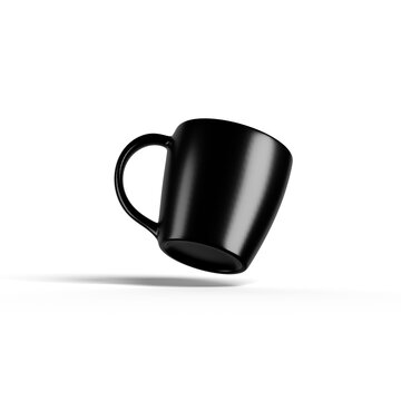 Multiple black ceramic coffee mugs with a blue circular logo are arranged against a white background. Some mugs are shown from different angles and perspectives.
