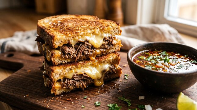 Shredded Beef Birria Grilled Cheese Sandwich with Consome Dipping Soup Vector