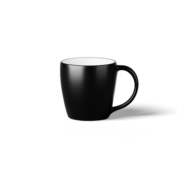 Multiple black ceramic coffee mugs with a blue circular logo are arranged against a white background. Some mugs are shown from different angles and perspectives.