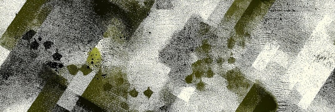 Scattered geometric dots in olive green with red pixel