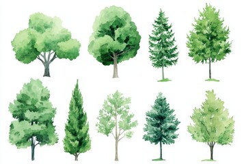 Fototapeta premium Different types of trees in various shapes and sizes featuring shades of green