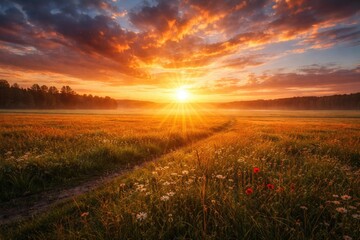 Naklejka premium Radiant fiery sunrise illuminating a vast countryside field