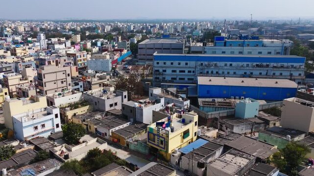 Hetero Labs UNIT-3 with rajiv gandhi nagar area, suraram, jeedimetla, hyderabad, telangana, india. day time, stable shot, drone shot, 4k.