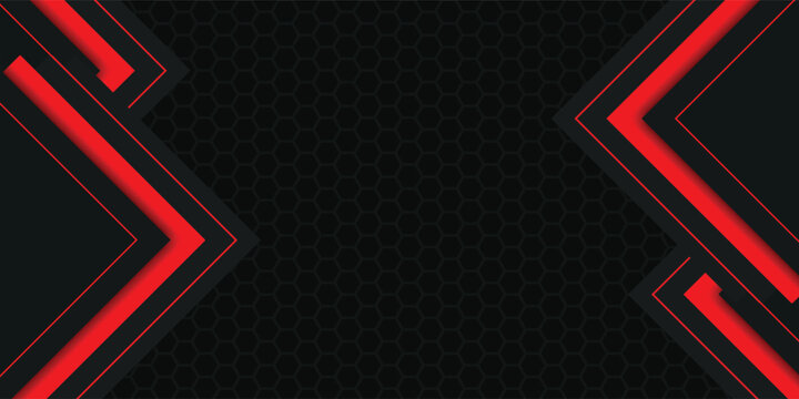 Abstract black and red polygons overlapped on dark steel mesh background with free space for design. modern technology innovation concept background