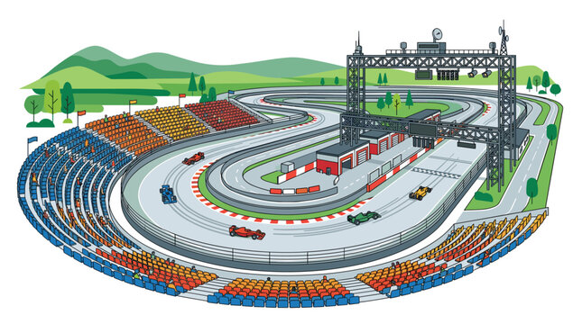 A vibrant cartoon-style race track features multi-colored spectator grandstands and professional speedway layout under a clear sky with rolling green hills in distance.