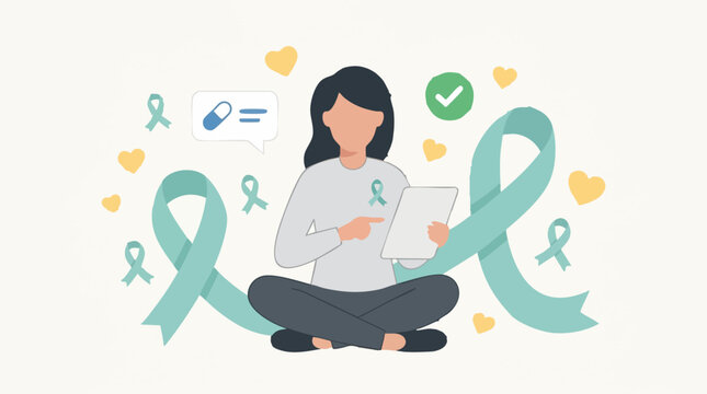 Woman with teal awareness ribbon using tablet for health information and support