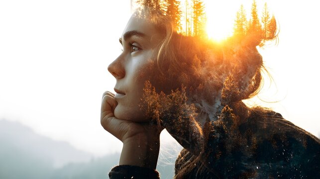 Double exposure portrait of woman merged with a sunlit forest. Serene sunrise trees represent mental health, dreaming, and creative imagination. Conceptual landscape art.