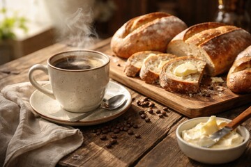 Fototapeta premium Morning scene of hot coffee and fresh bakery bread on rustic wood
