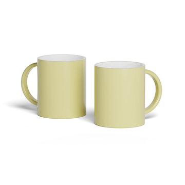 Multiple light yellow ceramic coffee mugs are displayed against a clean white background. Each mug features a blue graphic design with circular elements.