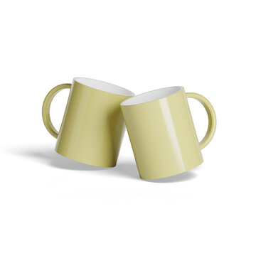 Multiple light yellow ceramic coffee mugs are displayed against a clean white background. Each mug features a blue graphic design with circular elements.