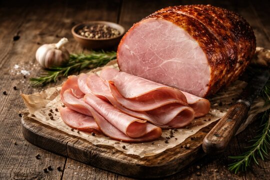 Freshly sliced ham displayed on rustic table top with copy space