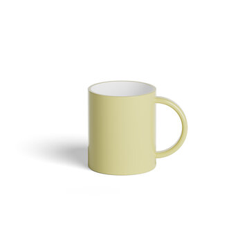 Multiple light yellow ceramic coffee mugs are displayed against a clean white background. Each mug features a blue graphic design with circular elements.