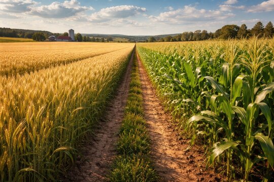 Rural farmland showcasing healthy wheat and corn growth on loess soil