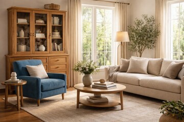 Fototapeta premium Relaxing living area with wooden cupboard next to blue armchair and beige cushioned settee