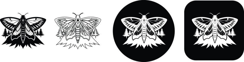 Black and white of a moth with trees in various formats on white background, moth insect silhouette © SilhouetteStore