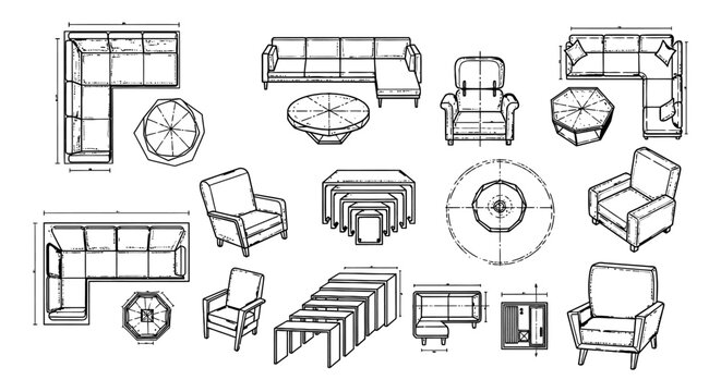 architectural drawings of various modern furniture pieces including sofas armchairs and coffee tables for interior design concepts