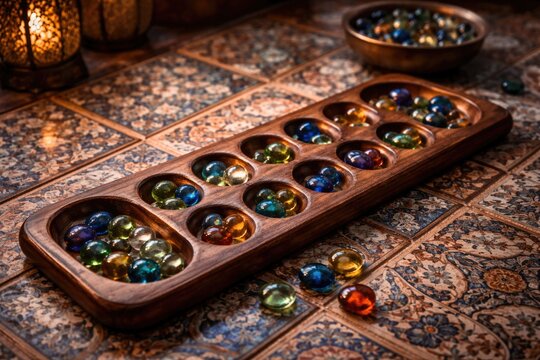 Vintage mancala strategy game using polished glass counters over patterned tiles