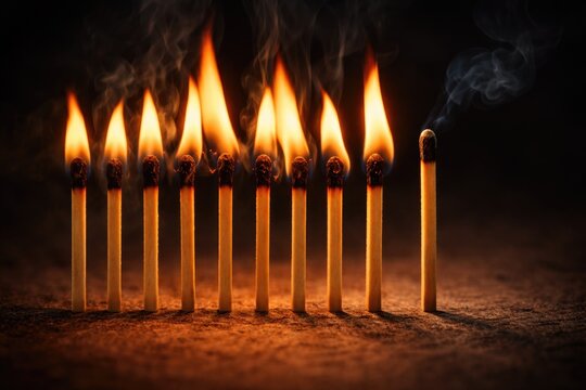 Burning matchsticks lined up with the last match unlit to illustrate social fire control