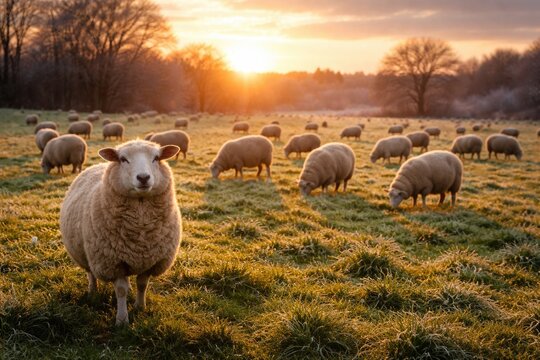 Joyful sheep roaming freely on fresh green grass in the cold winter sunset