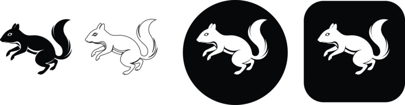 Black and white silhouette and line of a squirrel in various formats on white background