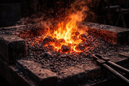 Craftsman&acirc;&euro;&trade;s iron forge with glowing embers and hot coal surrounded by flying ash