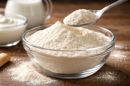 Clear glass bowl filled with guar gum powder and spoon illustrating dairy food thickener for smooth texture