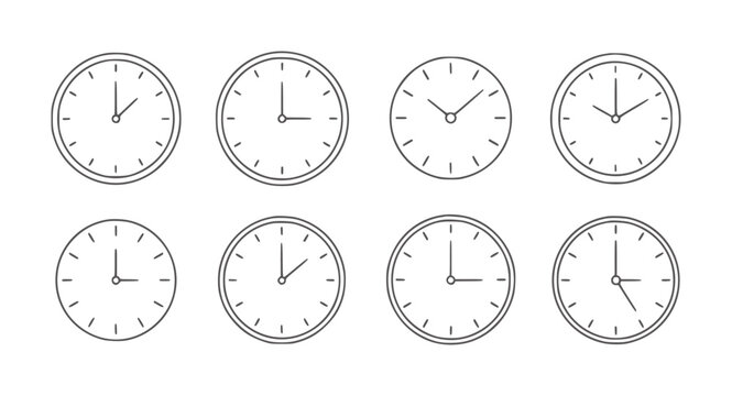 Eight simple line clocks showing different times dial hands numbers
