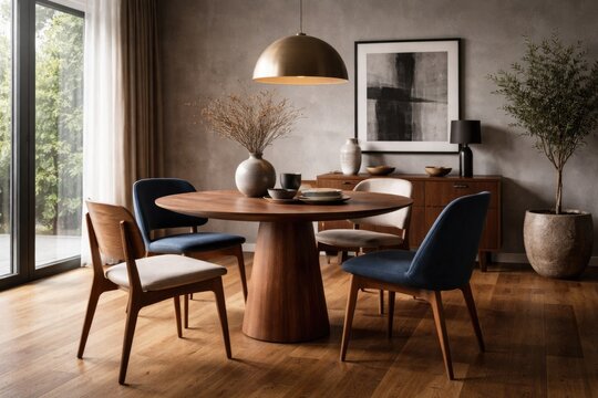 Modern gray dining room with a round wooden table, wooden and blue chairs, and warm wooden flooring