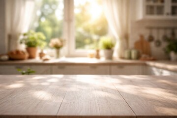 Fototapeta premium Sunlit kitchen window background softly blurred with bleached wood table