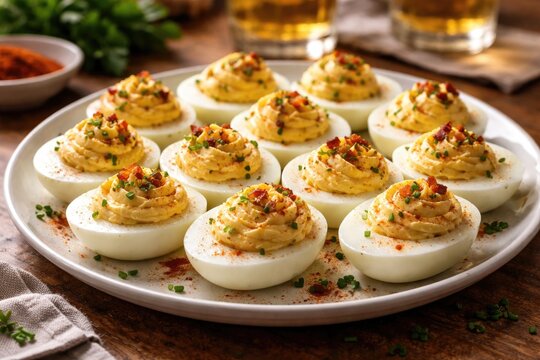Plate filled with creamy deviled eggs set on a kitchen table in close detail