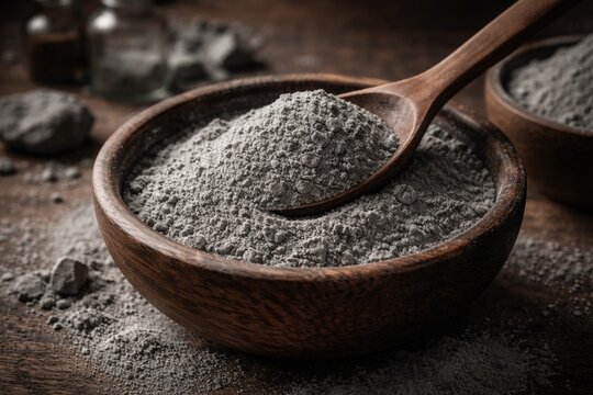 Rustic wooden bowls filled with fine gray powdered titanium dioxide and a wooden spoon emphasizing chemical nature