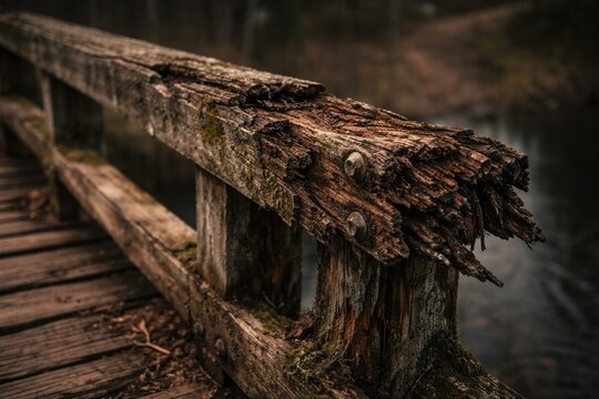 Piece of a rustic timber bridge suffering from rot and surface damage