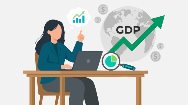 Businesswoman analyzing global GDP economic growth and financial data