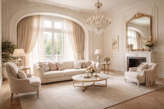 Spacious neoclassical living room with arched door curtain and delicate color tones plus copy space