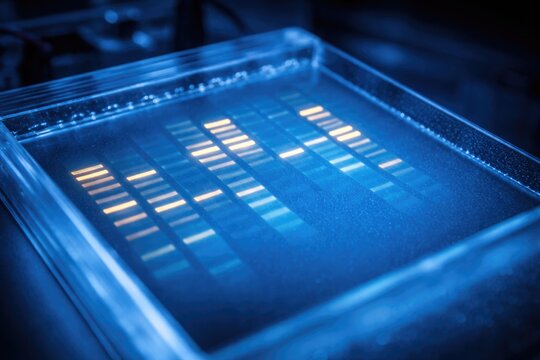 Visualizing DNA bands through gel electrophoresis on agarose gel with copyspace for text