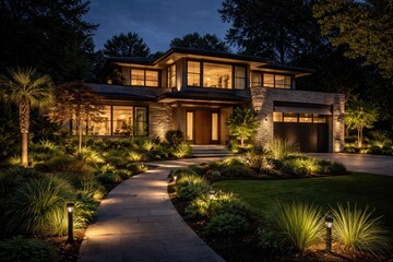 Naklejka premium Night scene showcasing a stylish home with garden lighting accents