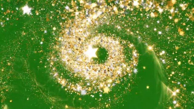 4K magical 3D animation abstract glowing particles, shiny fairy dust and twinkling stars swirls and flies on chroma key green screen background for New Year and Christmas holiday magic effects.