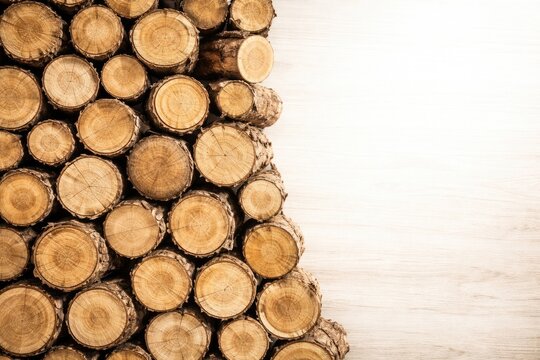 Rustic wooden log stack backdrop showing natural grain and high key lighting with copy space