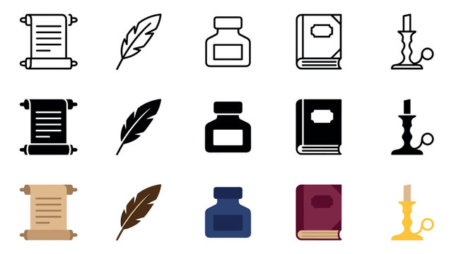 Ancient writing tools and historical literature symbols collection featuring scrolls, quill pens, inkwells, books, and candlesticks in various styles.
