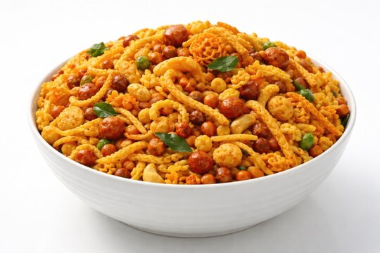 Bright bowl filled with mixed farsan snack assortment on a pristine white backdrop