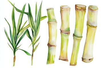 Fototapeta premium Fresh sugarcane stalks and leaves arranged on a plain background in a simple display for agricultural art