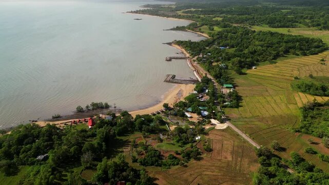 Scenic aerial overview of coastal farmland with rice fields, shoreline, and calm waters along a tropical landscape in Guimaras Island, Philippines
