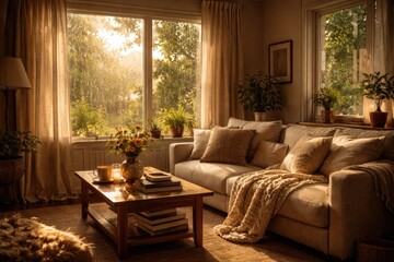 Fototapeta premium Sun and rain blend outside illuminating a warm residential interior naturally