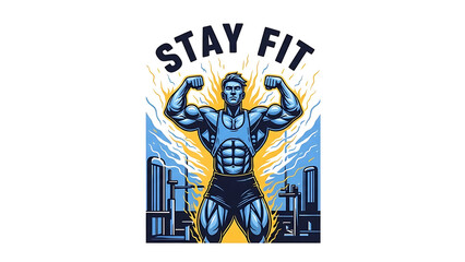 Fototapeta premium Muscular bodybuilder posing with stay fit text for gym and fitness motivation
